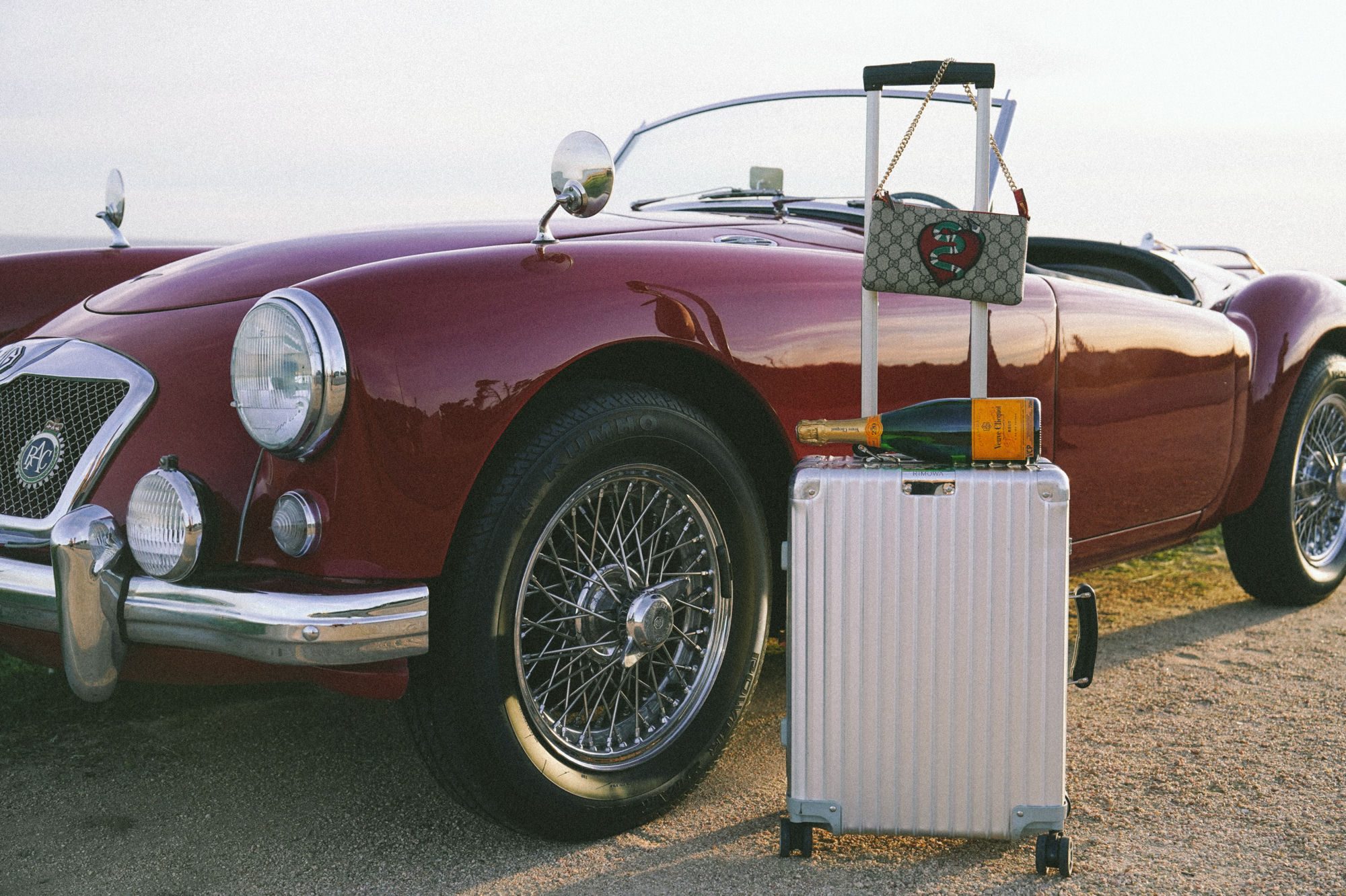 Classic roadster packed for departure